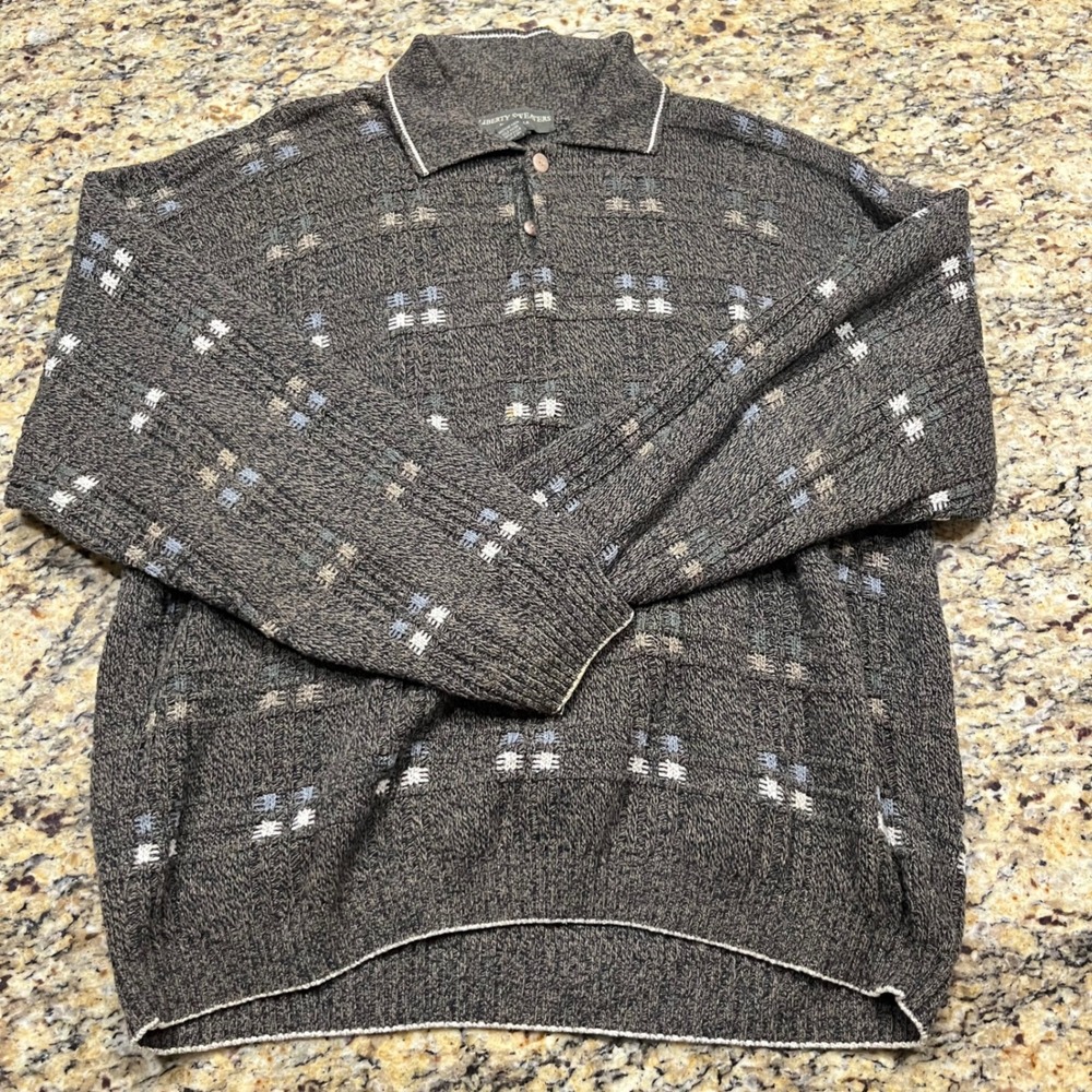 Liberty Sweaters Mens XL Vintage Polo Sweater Brown Geometric Made in USA